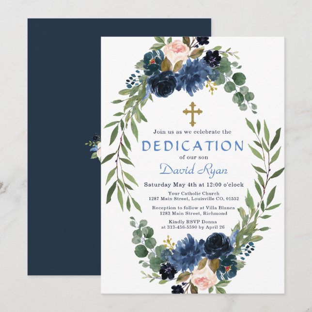 Gold Navy Blue Pink Floral Wreath Dedication Invitation (Front/Back)