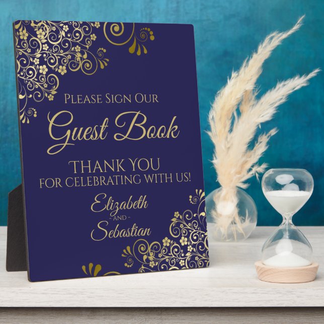 Gold Navy Blue Please Sign Our Guest Book Wedding Plaque (Side)
