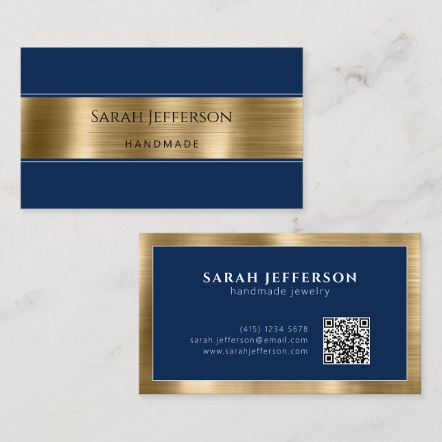 Gold Navy Blue Professional Metallic Elegant QR Business Card (Front/Back)