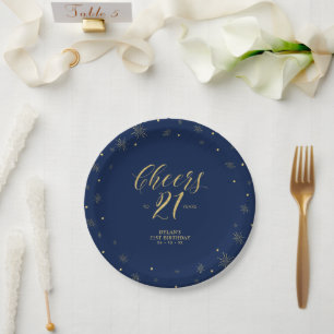 Gold Navy Blue Sparkle Cheers 21st Birthday Party Paper Plate