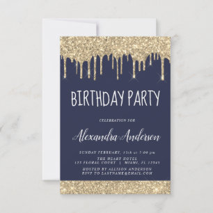 Gold Navy Blue  Sparkle Glitter Any Age Birthday Invitation