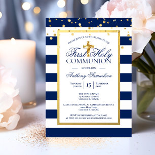 Gold Navy Blue Stripes First Holy Communion Boy Invitation