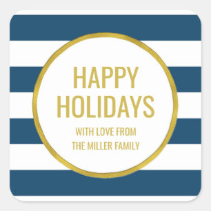Gold Navy Blue Stripes Happy Holidays Custom Square Sticker