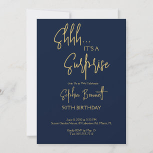 Gold Navy Blue Surprise Party 50th Birthday Invitation