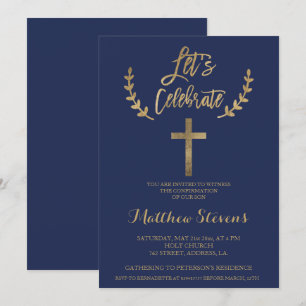 Gold navy blue typography chic confirmation invitation
