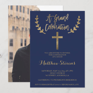 Gold navy blue typography photo confirmation invitation