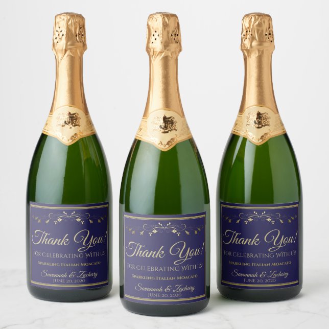 Gold & Navy Blue Wedding Thank You Sparkling Wine Label (Bottles)