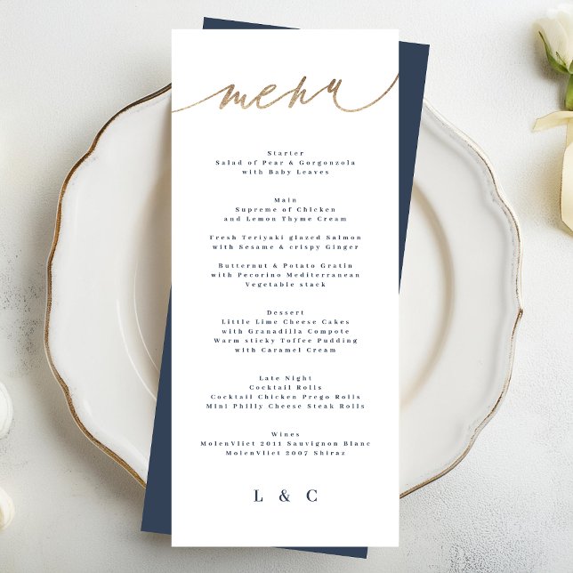 Gold Navy Blue White Simple Classic Wedding Menu (Creator Uploaded)