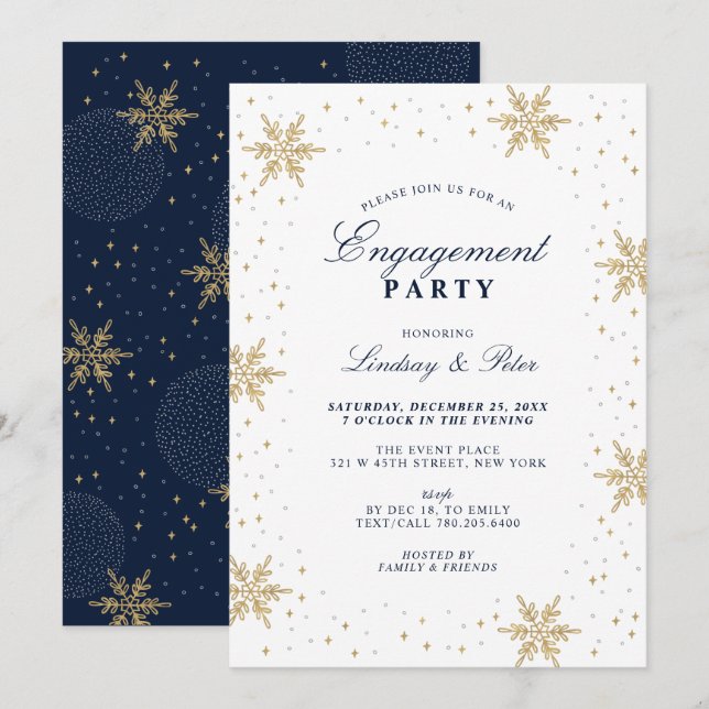 Gold & Navy Blue Winter Christmas Engagement Party Invitation (Front/Back)