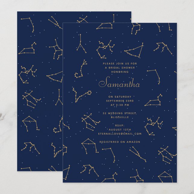 Gold Navy Blue Zodiac Constellations Bridal Shower Invitation (Front/Back)