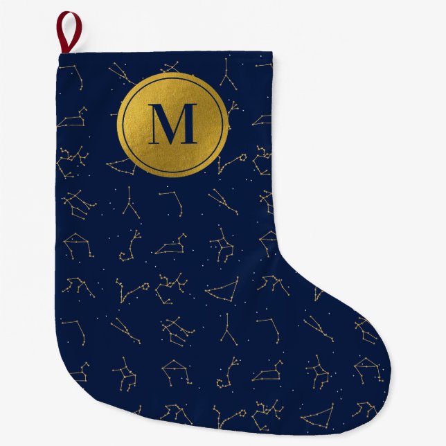 Gold & Navy Blue Zodiac Constellations Monogram Large Christmas Stocking (Front)