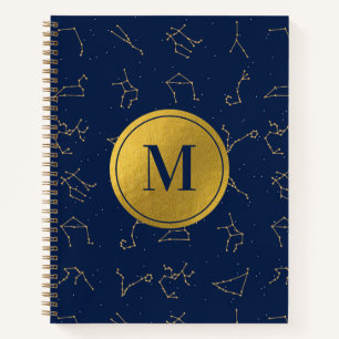 Gold & Navy Blue Zodiac Constellations Monogram Notebook