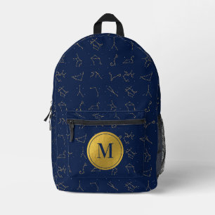 Gold & Navy Blue Zodiac Constellations Monogram Printed Backpack