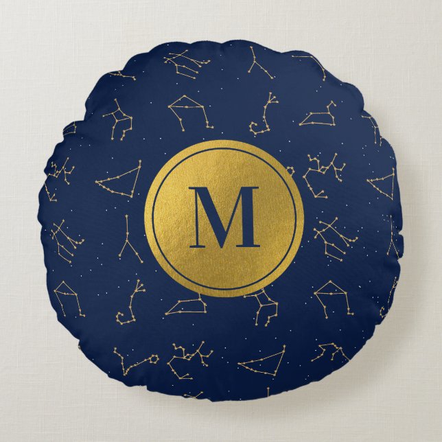 Gold & Navy Blue Zodiac Constellations Monogram Round Pillow (Front)
