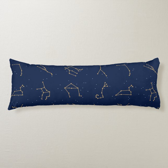 Gold & Navy Blue Zodiac Constellations Pattern Body Pillow (Front)