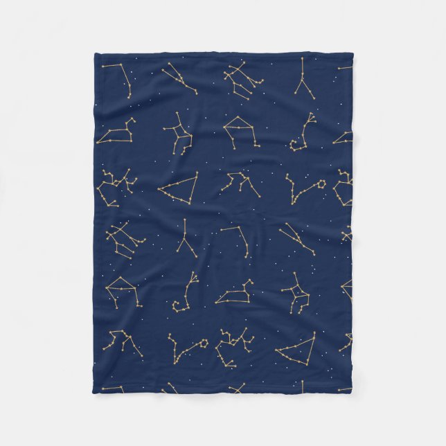 Gold & Navy Blue Zodiac Constellations Pattern Fleece Blanket (Front)