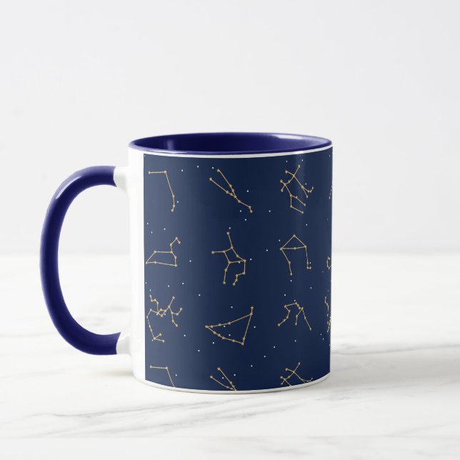 Gold & Navy Blue Zodiac Constellations Pattern Mug (Left)
