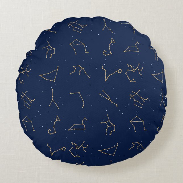 Gold & Navy Blue Zodiac Constellations Pattern Round Pillow (Front)