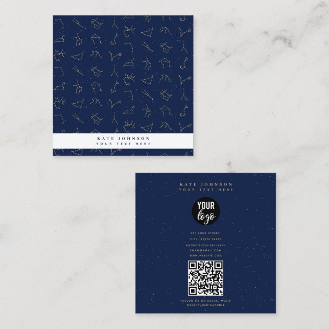 Gold & Navy Blue Zodiac Constellations Pattern Square Business Card (Front/Back)