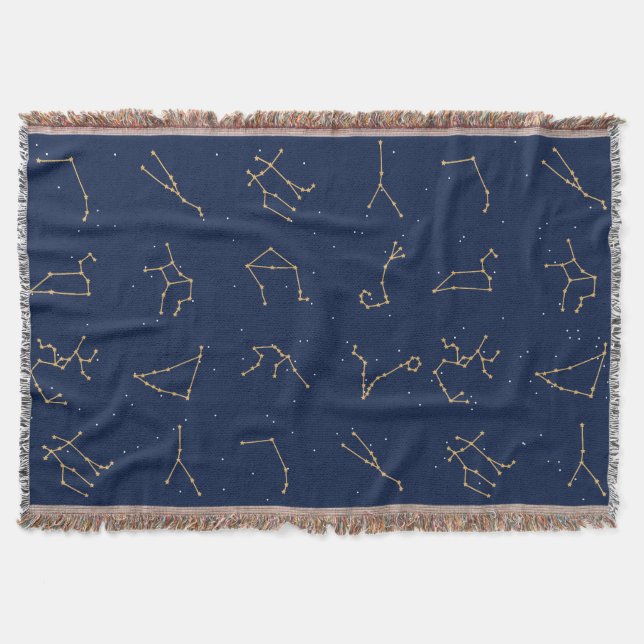 Gold & Navy Blue Zodiac Constellations Pattern Throw Blanket (Front)