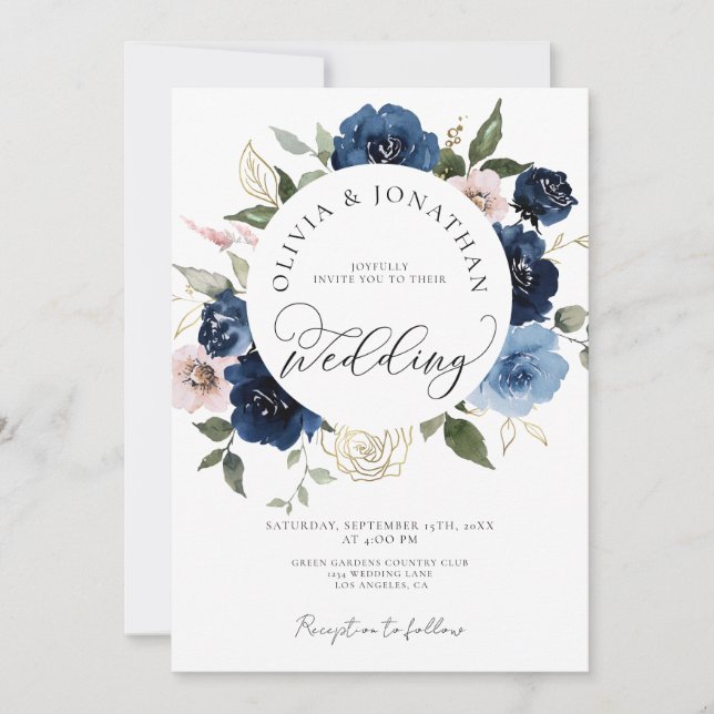 Gold Navy Blush All in 1 Budget QR Code Wedding Invitation (Front)