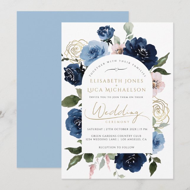Gold Navy Blush Florals Botanical Blue Wedding  Invitation (Front/Back)