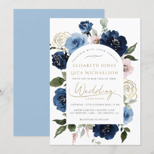 Gold Navy Blush Florals Botanical Blue Wedding Invitation