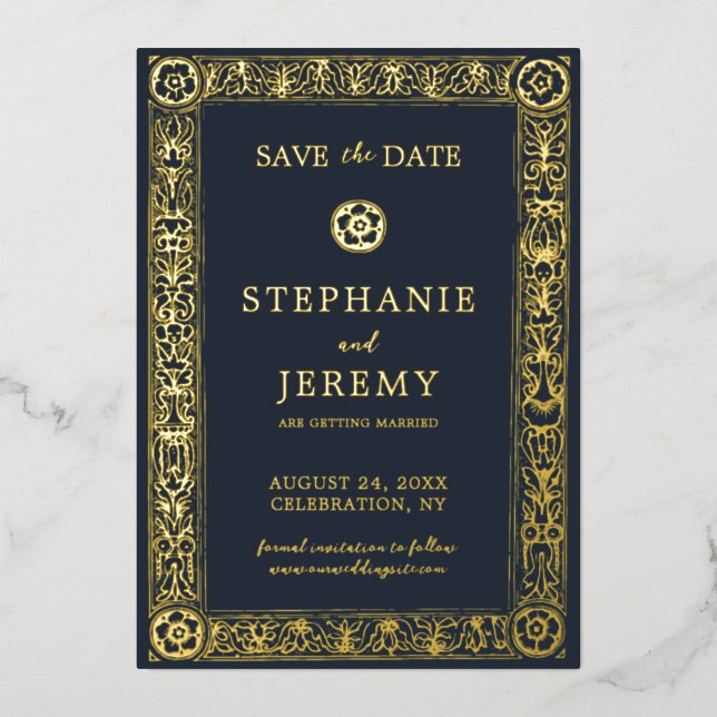 Gold Navy Botanical Floral Save the Date   (Front)