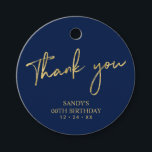 Gold & Navy Brush Script Birthday Party Thank you Favour Tags<br><div class="desc">This simple custom thank you sticker will add stylish detail to your special day. This design features modern gold script lettering " Thank you" with custom text. Matching milestone birthday invitations and party supplies are available in my shop BaraBomDesign.</div>