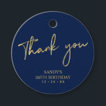Gold & Navy Brush Script Birthday Party Thank you Favour Tags<br><div class="desc">This simple custom thank you sticker will add stylish detail to your special day. This design features modern gold script lettering " Thank you" with custom text. Matching milestone birthday invitations and party supplies are available in my shop BaraBomDesign.</div>