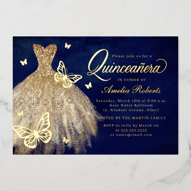 Gold Navy Butterfly Dress Quinceanera  Foil Invita (Front)