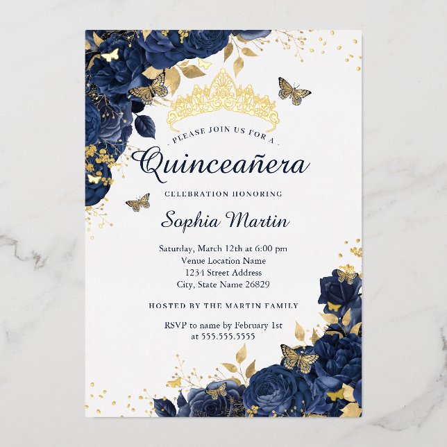 Gold Navy Butterfly Flower Elegant Quinceanera (Front)