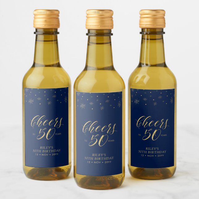 Gold & Navy Cheers 50 years, 50th Birthday Party Wine Label (Bottles)