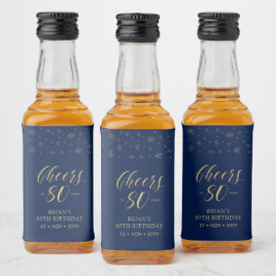 Gold & Navy Cheers 80 years, 80th Birthday Party Liquor Bottle Label