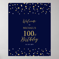 Gold & Navy Confetti 100th Birthday Party Welcome