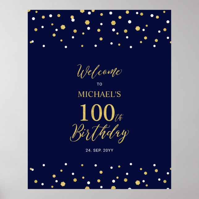 Gold & Navy Confetti 100th Birthday Party Welcome Poster (Front)