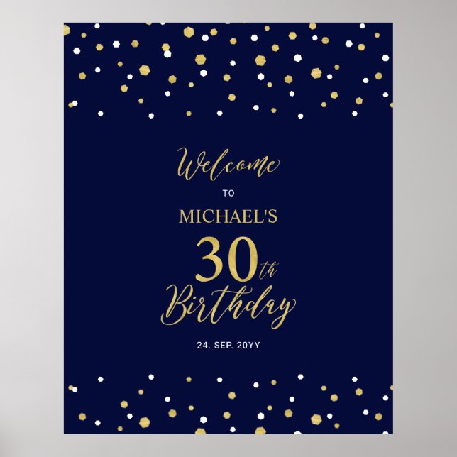 Gold & Navy Confetti 30th Birthday Party Welcome Poster (Front)