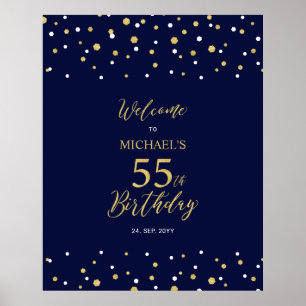 Gold & Navy Confetti 55th Birthday Party Welcome Poster