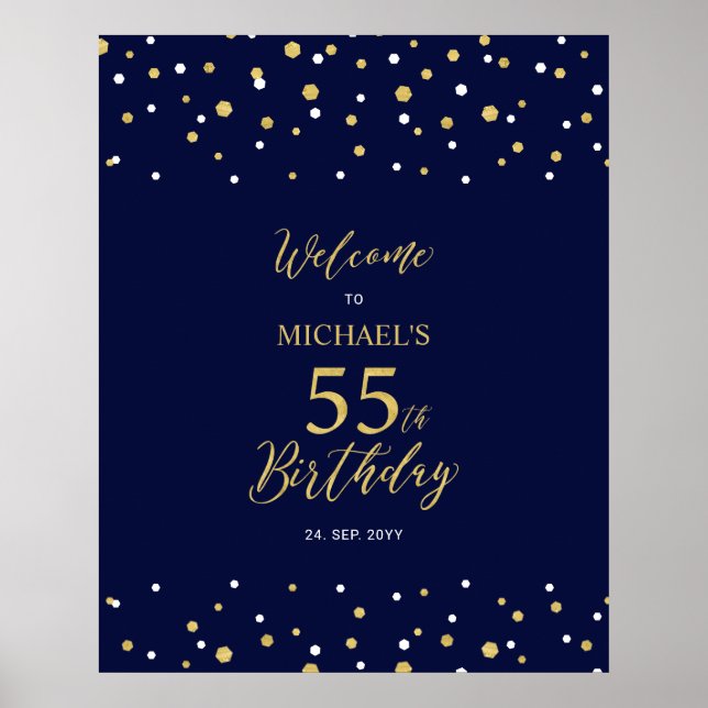 Gold & Navy Confetti 55th Birthday Party Welcome Poster (Front)