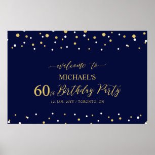 Gold & Navy Confetti 60th Birthday Party Welcome Poster