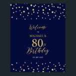 Gold & Navy Confetti 80th Birthday Party Welcome Poster<br><div class="desc">Welcome your guests to a special celebration day with this stylish gold & navy blue welcome sign. This sign features modern typography" Welcome to 80th Birthday" and a hexagon confetti design. You can customize the name and the date. Matching invitations and party supplies are available at my shop BaraBomDesign.</div>