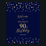 Gold & Navy Confetti 90th Birthday Party Welcome Poster<br><div class="desc">Welcome your guests to a special celebration day with this stylish gold & navy blue welcome sign. This sign features modern typography" Welcome to 90th Birthday" and a hexagon confetti design. You can customize the name and the date. Matching invitations and party supplies are available at my shop BaraBomDesign.</div>