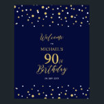 Gold & Navy Confetti 90th Birthday Party Welcome Poster<br><div class="desc">Welcome your guests to a special celebration day with this stylish gold & navy blue welcome sign. This sign features modern typography" Welcome to 90th Birthday" and a hexagon confetti design. You can customize the name and the date. Matching invitations and party supplies are available at my shop BaraBomDesign.</div>