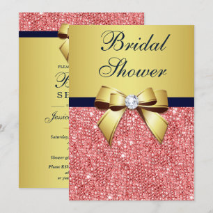 Gold Navy Coral Sequins Diamonds Bow Bridal Shower Invitation