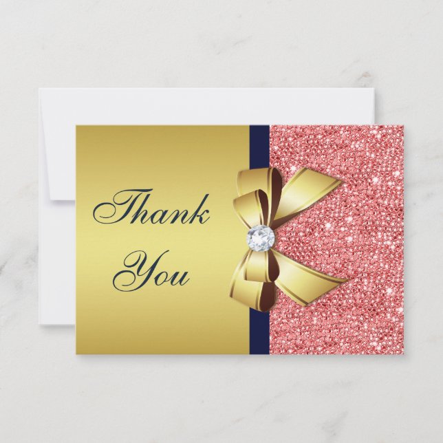 Gold Navy Coral Sequins Diamonds Bow Thank You Card (Front)