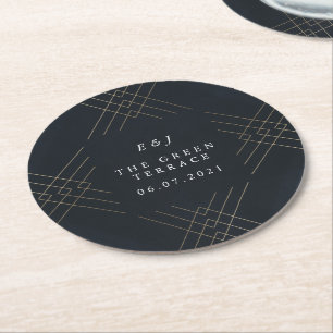 Gold Navy Elegance Diamond Geo Deco Wedding Round Paper Coaster