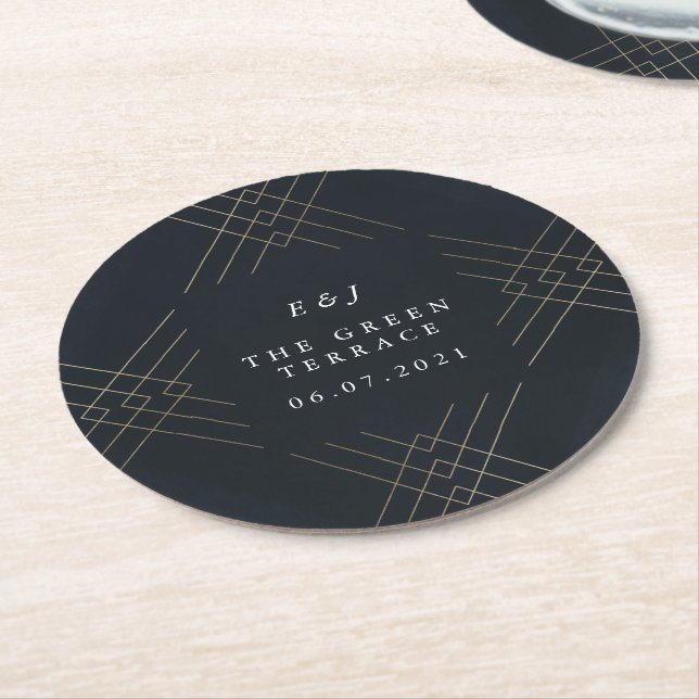Gold Navy Elegance Diamond Geo Deco Wedding Round Paper Coaster (Angled)