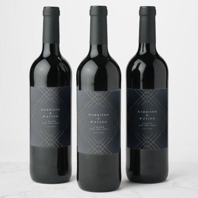Gold Navy Elegance Diamond Geo Deco Wedding Wine Label (Bottles)