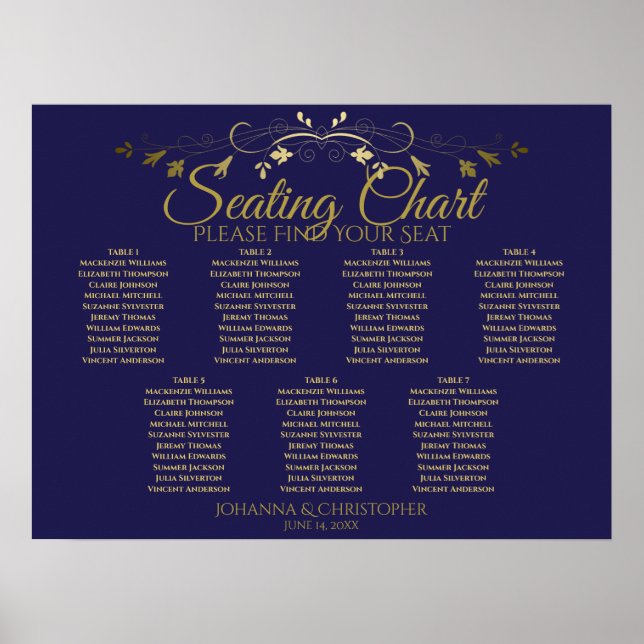 Gold & Navy Elegant 7 Table Wedding Seating Chart (Front)