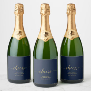 Gold & Navy Elegant Script Cheers Party Favour Sparkling Wine Label